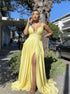 A Line V Neck Satin Prom Dress with Slit LBQ4201